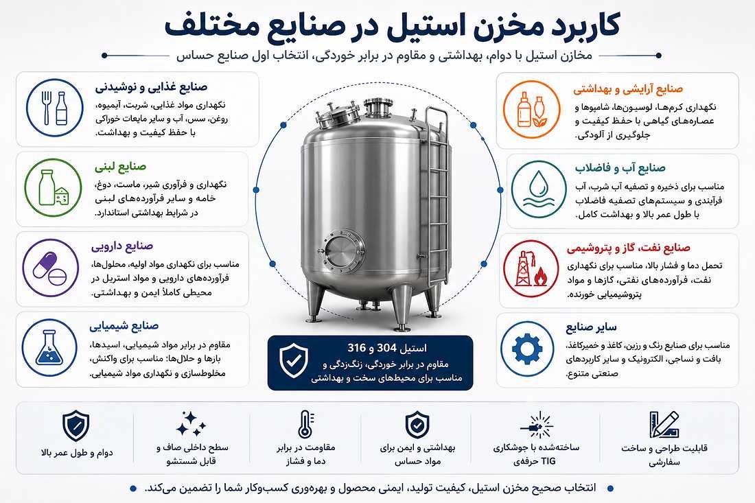کاربرد مخزن استیل در صنایع غذایی دارویی شیمیایی و صنعتی